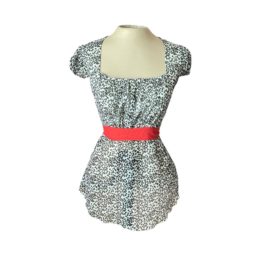 Crown of Hearts blouse Polka Dot Red Attached Sash Sheer Feminine Size Small
